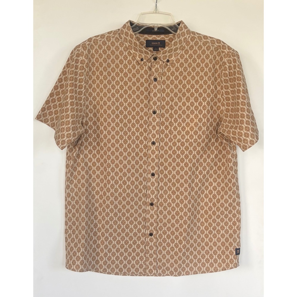 Roark Revival Men L Tan Medallion Print Short Sleeve Button Down Casual Shirt